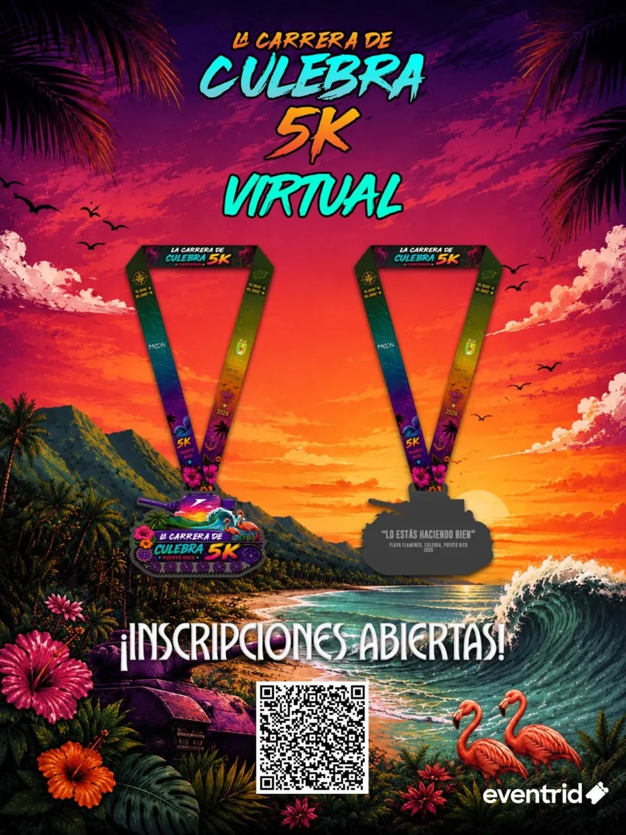 Afiche “La Carrera de Culebra 5K Virtual” con medalla y código QR de inscripción