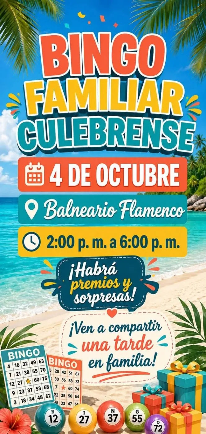 Afiche “Bingo Familiar Culebrense”, 4 de octubre, 2:00 a 6:00 p.m., Balneario Flamenco
