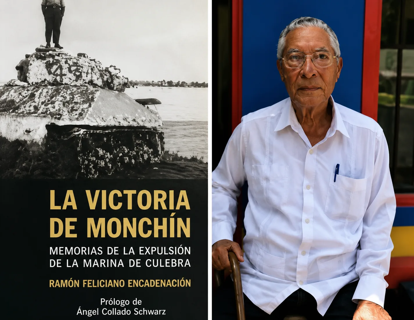 Portada del libro La Victoria de Monchín y retrato de Ramón Feliciano